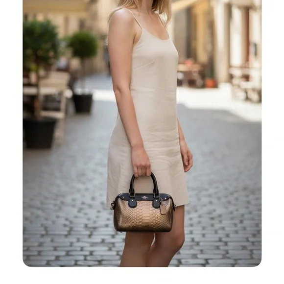 COACH MINI BENNET SATCHEL METALLIC SNAKE EMBOSSED LEATHER BRONZE BKACK CROSSBODY - Picture 10 of 11